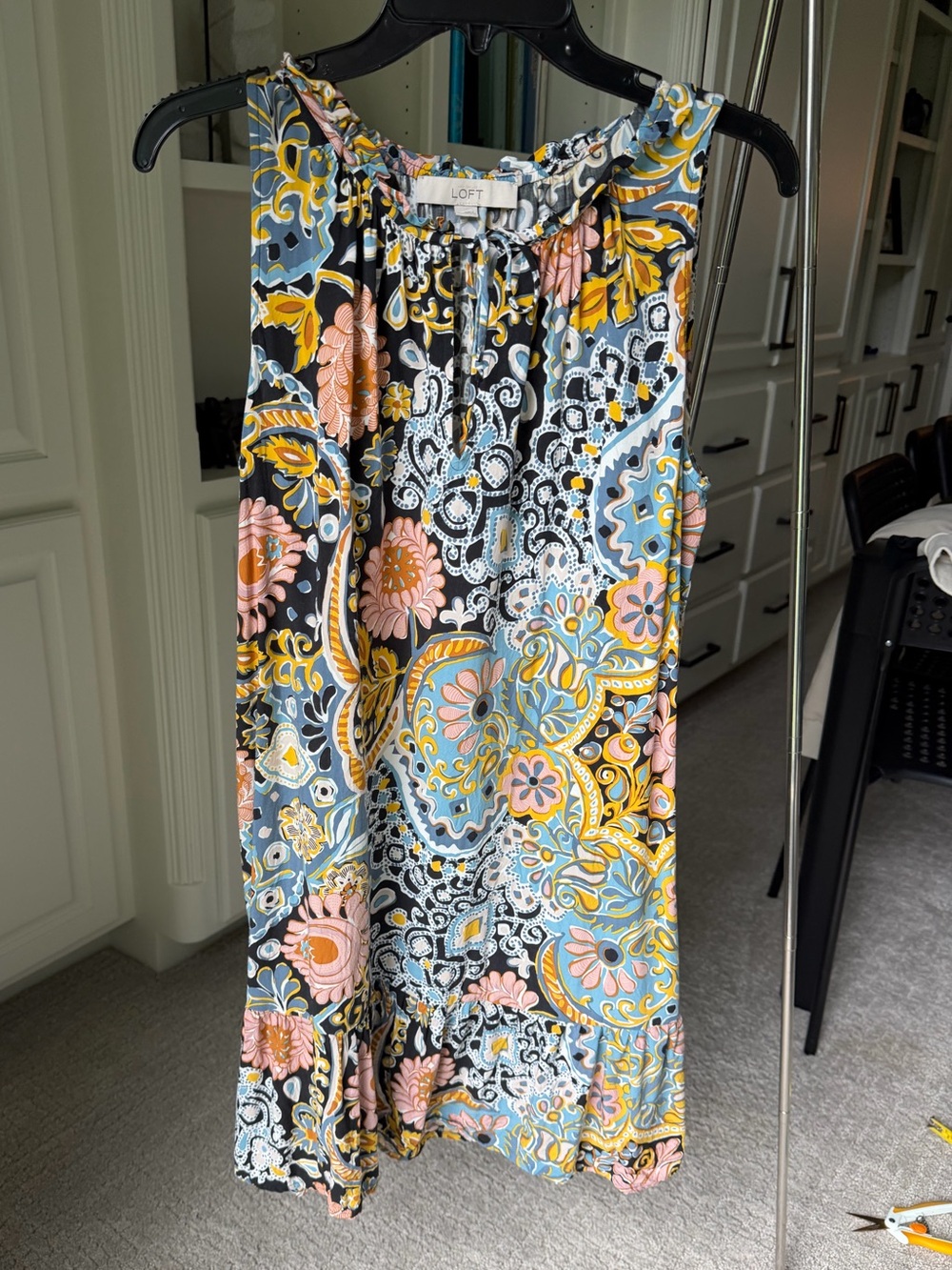 LOFT Black Floral Paisley Sleeveless Dress with Pink & Blue Accents